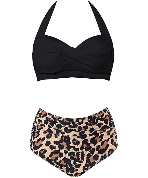 Women Push Up Two Piece Bikini Swimsuits Ruched High Waisted Printed Bathing Sets - Black&leopard - CW19CS50ESY $21.83-Sets