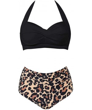 Women Push Up Two Piece Bikini Swimsuits Ruched High Waisted Printed Bathing Sets - Black&leopard - CW19CS50ESY $21.83-Sets