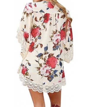 Women Teen Girls Chiffon Floral Print Kimono Cardigan Lace Loose Tops Cover Up Shawl Blouses - Beige - CH18CEDHRXO $17.51-Cov...