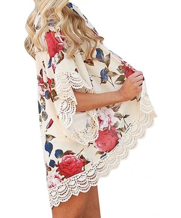 Women Teen Girls Chiffon Floral Print Kimono Cardigan Lace Loose Tops Cover Up Shawl Blouses - Beige - CH18CEDHRXO $17.51-Cov...