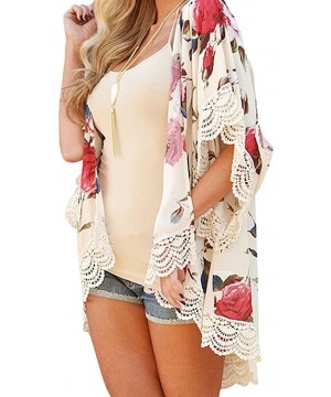 Women Teen Girls Chiffon Floral Print Kimono Cardigan Lace Loose Tops Cover Up Shawl Blouses - Beige - CH18CEDHRXO $17.51-Cov...