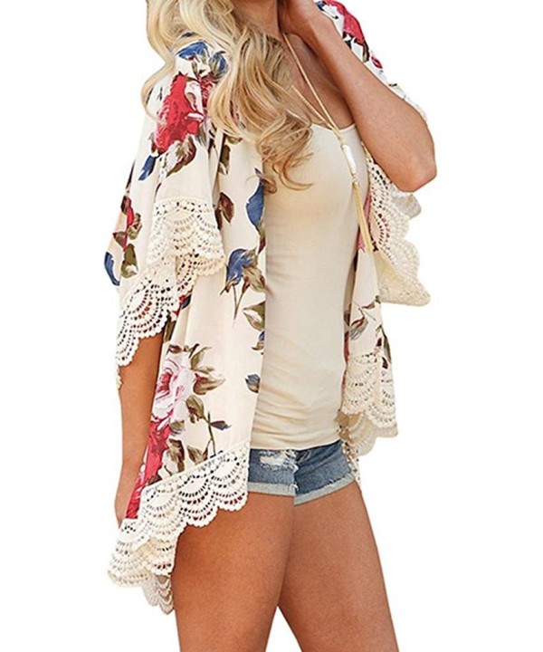 Women Teen Girls Chiffon Floral Print Kimono Cardigan Lace Loose Tops Cover Up Shawl Blouses - Beige - CH18CEDHRXO $17.51-Cov...