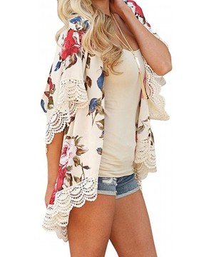 Women Teen Girls Chiffon Floral Print Kimono Cardigan Lace Loose Tops Cover Up Shawl Blouses - Beige - CH18CEDHRXO $17.51-Cov...