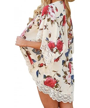 Women Teen Girls Chiffon Floral Print Kimono Cardigan Lace Loose Tops Cover Up Shawl Blouses - Beige - CH18CEDHRXO $17.51-Cov...