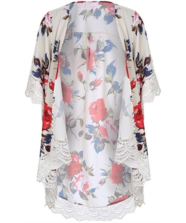 Women Teen Girls Chiffon Floral Print Kimono Cardigan Lace Loose Tops Cover Up Shawl Blouses - Beige - CH18CEDHRXO $17.51-Cov...