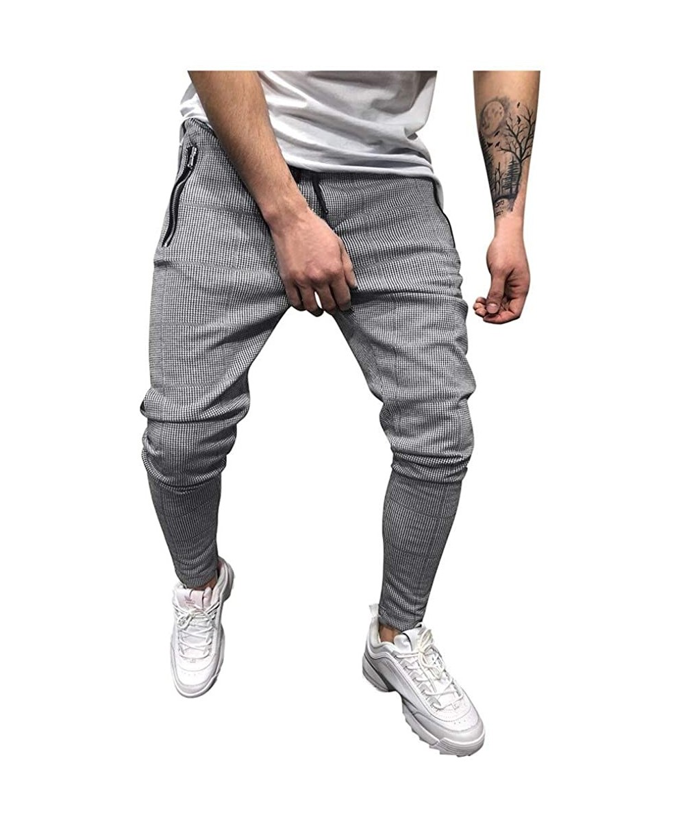 Mens Joggers Pants Slim Fit Plaid Striped Drawstring Sweatpant Tapered Trousers with Zip Pockets - Gray - C81932HZSMU $23.68-...