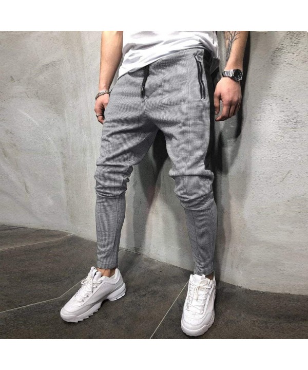 Mens Joggers Pants Slim Fit Plaid Striped Drawstring Sweatpant Tapered Trousers with Zip Pockets - Gray - C81932HZSMU $23.68-...