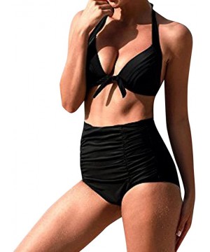 Women's High Waist Bikini Swimwear Women's Vintage Print Beachwear Bikini Set Swimwear - B3-black - CX196M39EDO $8.31-Cover-Ups