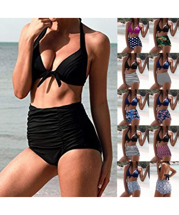 Women's High Waist Bikini Swimwear Women's Vintage Print Beachwear Bikini Set Swimwear - B3-black - CX196M39EDO $8.31-Cover-Ups