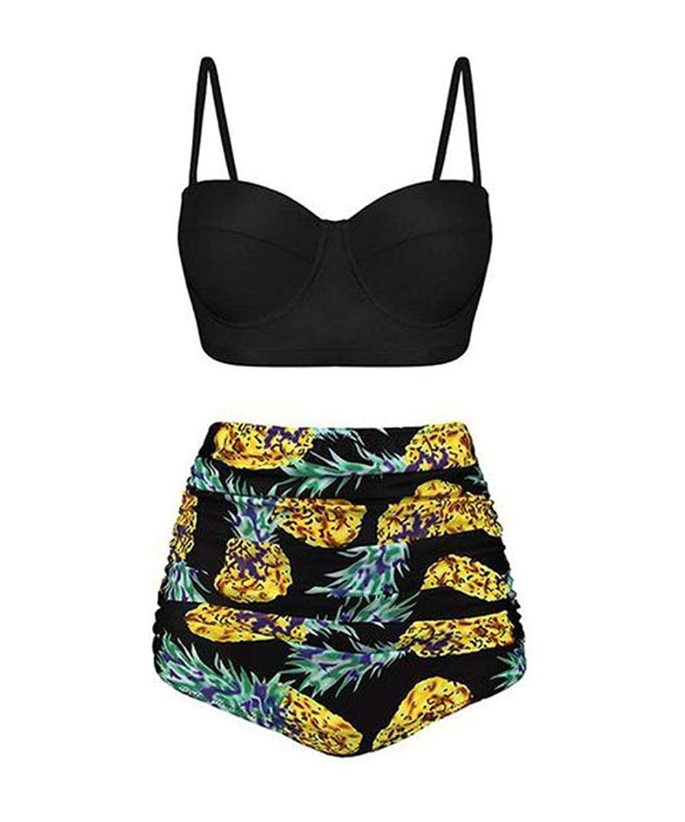 Women High Waisted Bikinis Set Split Two-Piece Swimsuit Bathing Suit Swimwear - Black Yellow - CY1900TY6OC $39.67-Sets