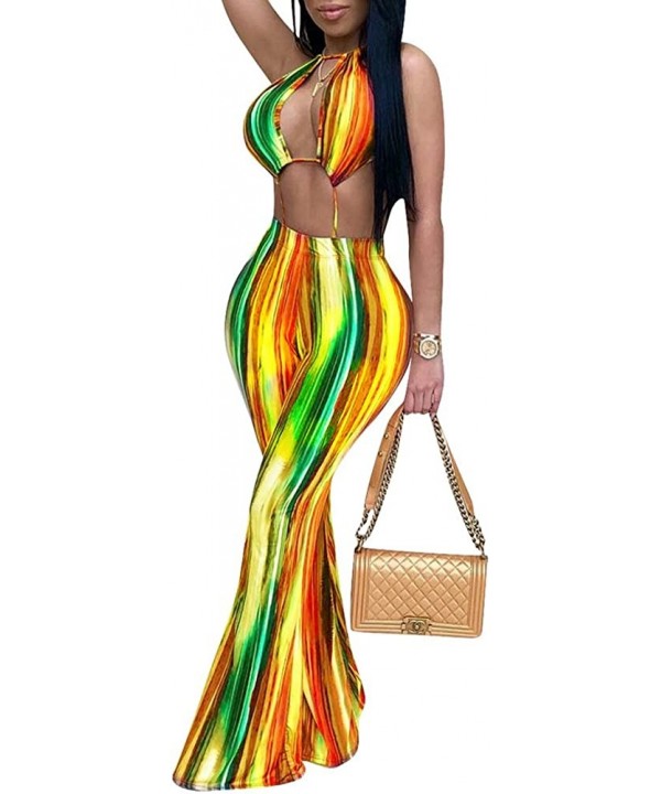 Womens Sexy V Neck Backless Stripes Bohemian Print Jumpsuit Rompers - Yellow - CN18DKH57LO $20.01-Sets