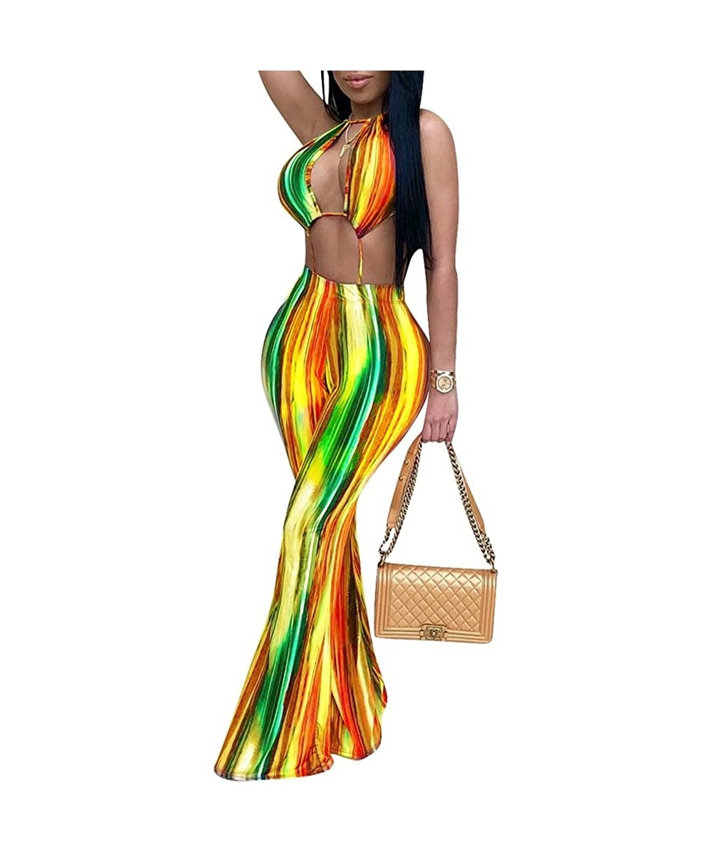 Womens Sexy V Neck Backless Stripes Bohemian Print Jumpsuit Rompers - Yellow - CN18DKH57LO $20.01-Sets