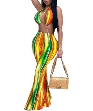 Womens Sexy V Neck Backless Stripes Bohemian Print Jumpsuit Rompers - Yellow - CN18DKH57LO $20.01-Sets