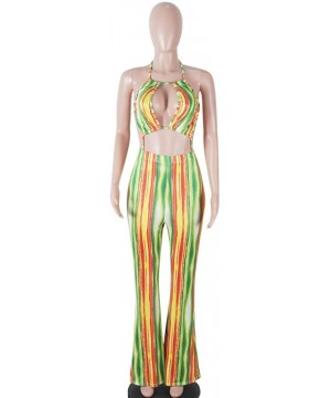 Womens Sexy V Neck Backless Stripes Bohemian Print Jumpsuit Rompers - Yellow - CN18DKH57LO $20.01-Sets