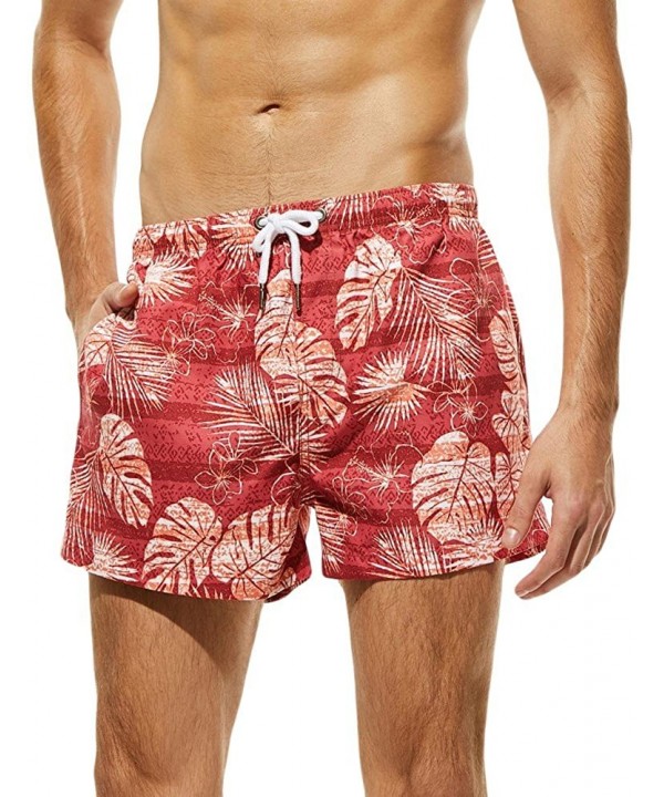 Men Basic Short Swim Trunks Quick Dry Camo Beach Print Bathing Suits Swimming Shorts Swimsuit with Pocket - F-red - CP195QC74...