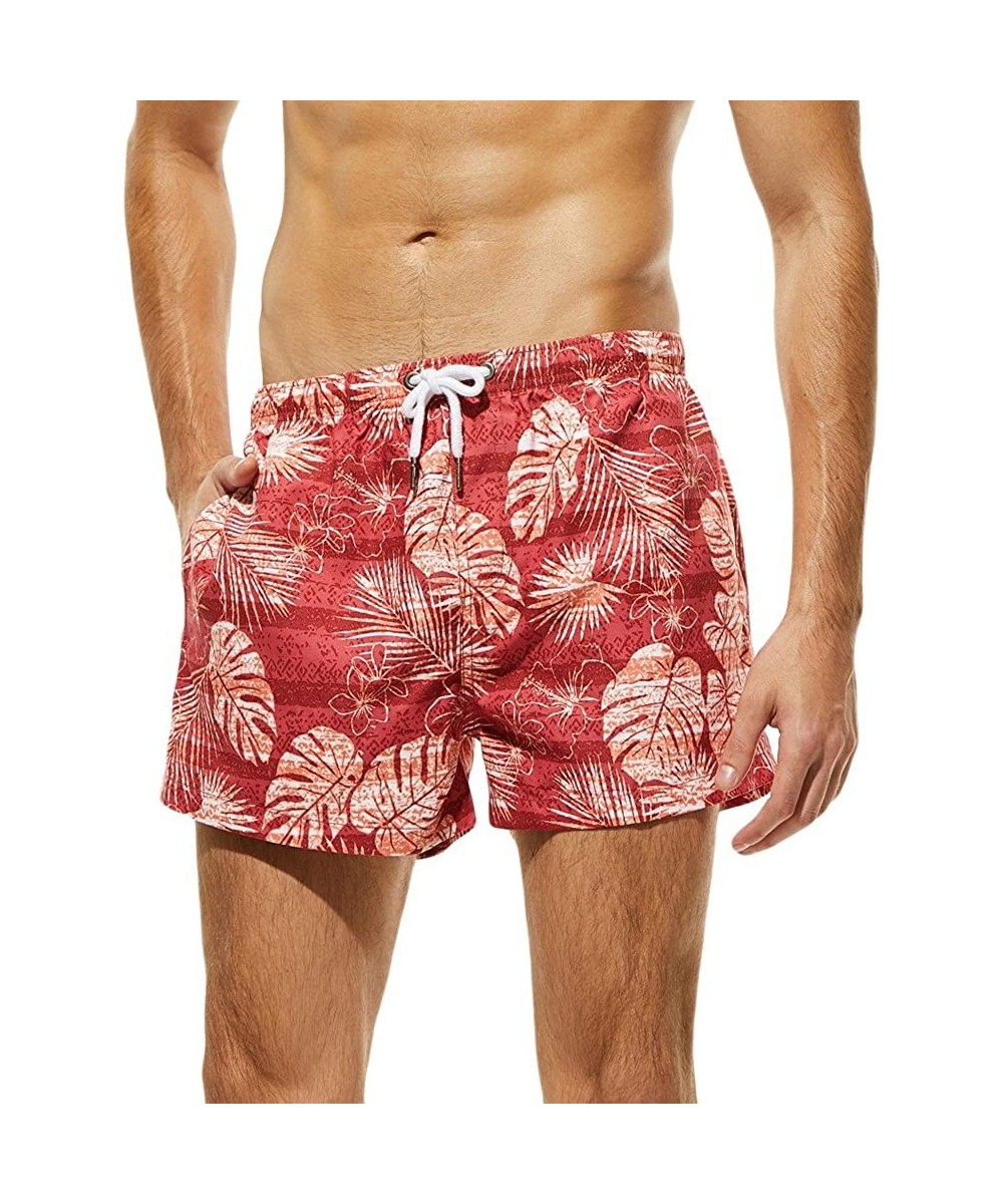 Men Basic Short Swim Trunks Quick Dry Camo Beach Print Bathing Suits Swimming Shorts Swimsuit with Pocket - F-red - CP195QC74...