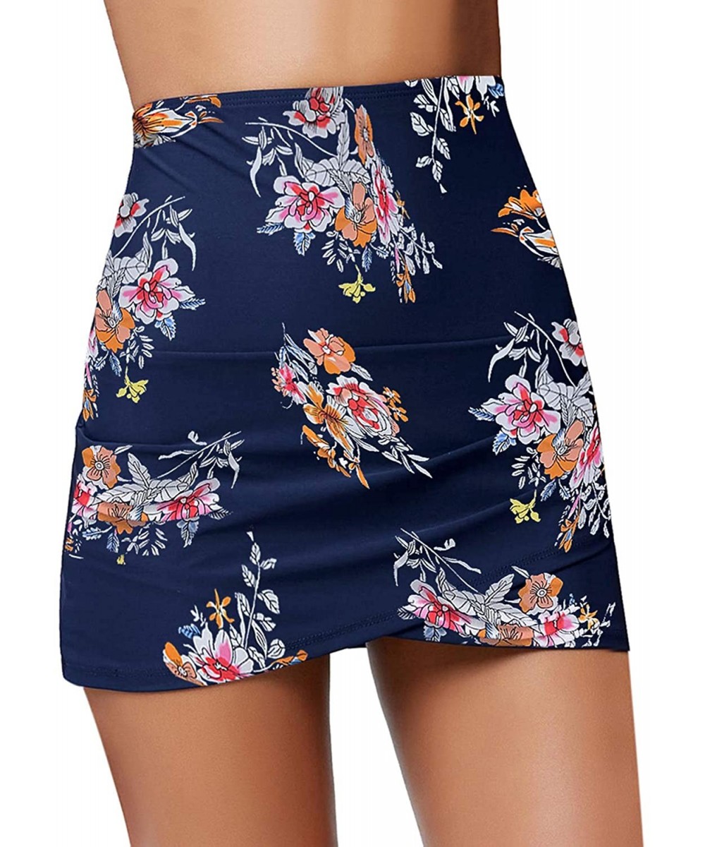 Women High Waist Swim Skirt Bikini Bottom Tie Side Tankini Skort - O Navy Floral - CY1964360D6 $14.48-Tankinis