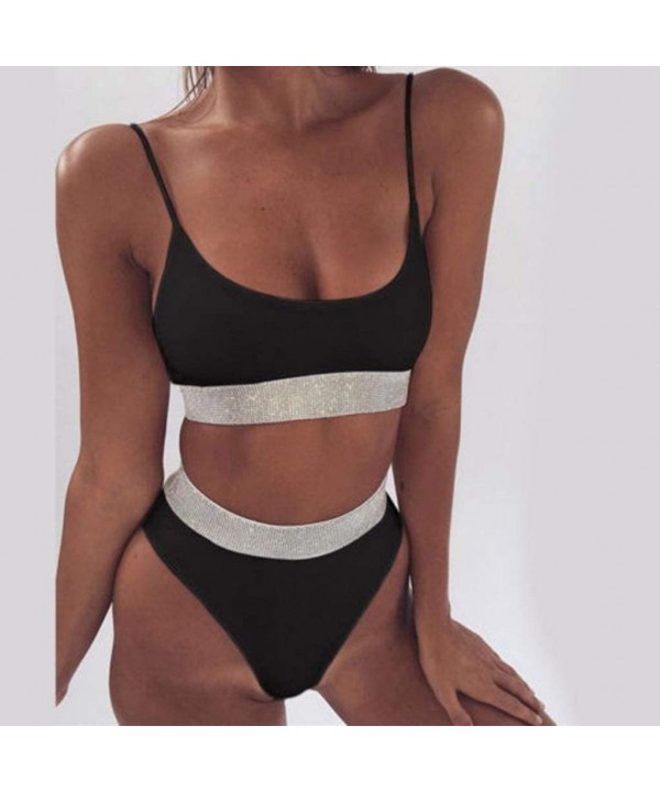 Women Two Piece Bikini Swimwear Set High Waist Tummy Control Bottom Swimming Stitching Bathing Suits. - 01 Black - CM194MT2DT...