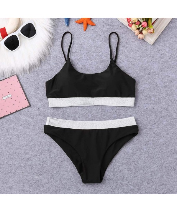 Women Two Piece Bikini Swimwear Set High Waist Tummy Control Bottom Swimming Stitching Bathing Suits. - 01 Black - CM194MT2DT...