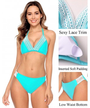 Women's Crochet Lace Bikini Two Piece Triangle Swimsuit Bathing Suits - Pale Aqua - CG194XG3YQU $20.84-Sets