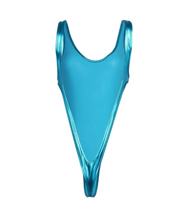 Women's Shiny Metallic Bodysuit High Cut Backless Thong Leotard One Piece Swimsuit - Sky Blue - CK193QMWMUG $13.44-Racing