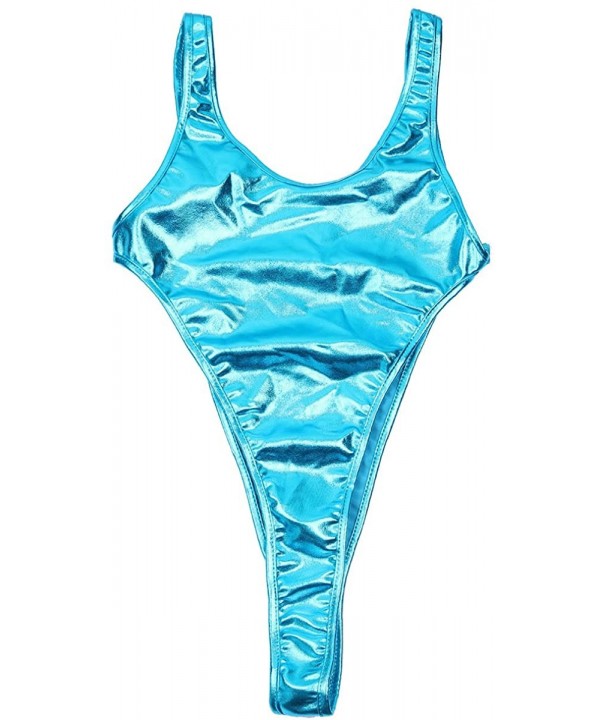 Women's Shiny Metallic Bodysuit High Cut Backless Thong Leotard One Piece Swimsuit - Sky Blue - CK193QMWMUG $13.44-Racing