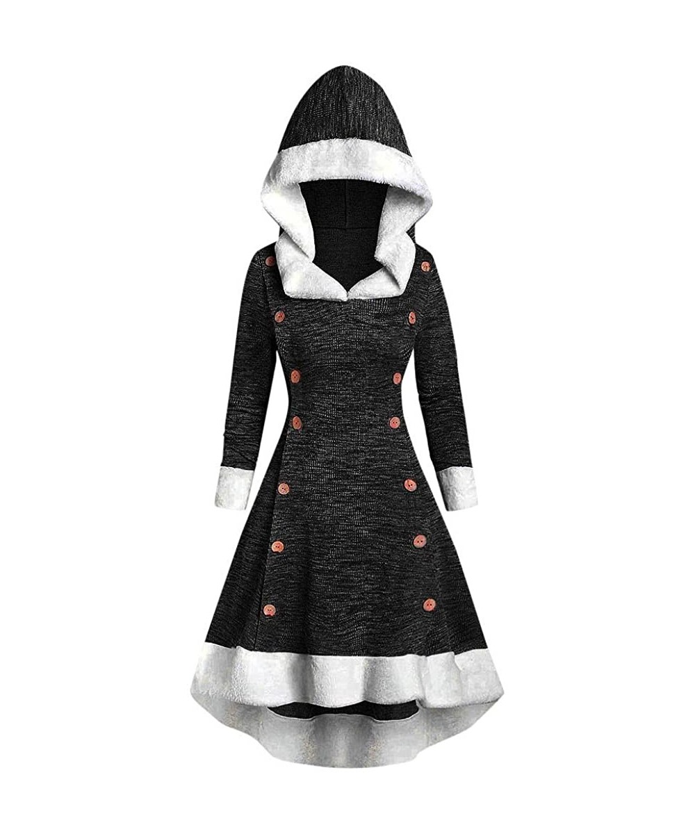 Womens Vintage Dress Strappy Insert Mock Button Long Sleeve Hooded High Low Midi Dress - Black - CL192C4AY80 $22.09-Racing