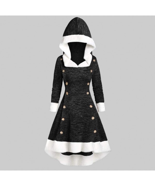 Womens Vintage Dress Strappy Insert Mock Button Long Sleeve Hooded High Low Midi Dress - Black - CL192C4AY80 $22.09-Racing