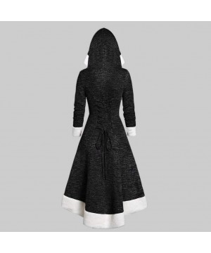 Womens Vintage Dress Strappy Insert Mock Button Long Sleeve Hooded High Low Midi Dress - Black - CL192C4AY80 $22.09-Racing