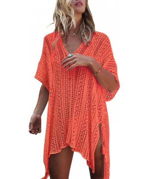 Beach Swimsuit for Women Sleeve Coverups Bikini Cover Up Net - Slit Orange - CB19CZHQLQY $16.72-Cover-Ups