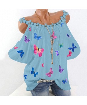 Women's Lace Collar Short Sleeve Cold Shoulder Print Loose Blouse Tops Casual Summer Shirts Tunic - Green - CI199XO6G8Q $14.4...