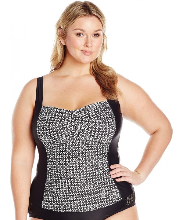 Women's Plus Size Swimwear Classic Center Front-Twist Tankini Top - Geo Print/Ebony - CF12NSMOSED $41.82-Tankinis