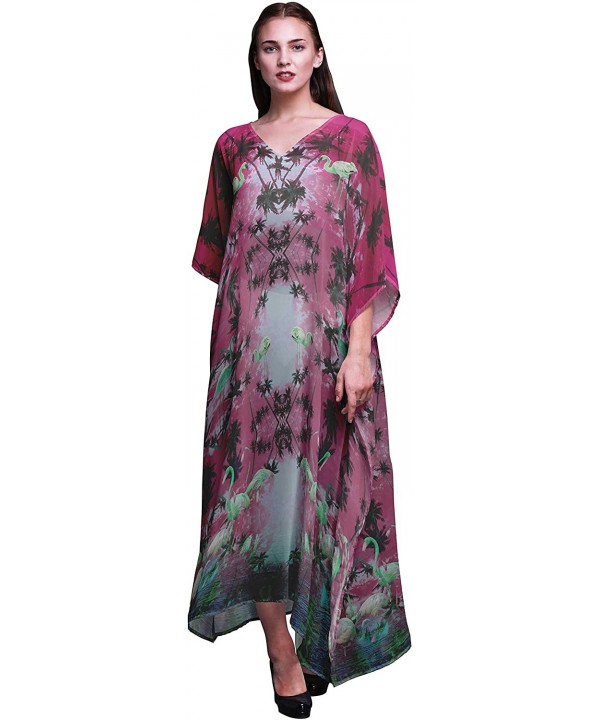 Palm Tree- Flamingo Bird Beach Kaftan Bikini Cover up Women's Maxi Dress Long Caftan - Magenta - CU18TUZAEMD $19.85-Cover-Ups