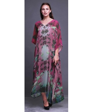 Palm Tree- Flamingo Bird Beach Kaftan Bikini Cover up Women's Maxi Dress Long Caftan - Magenta - CU18TUZAEMD $19.85-Cover-Ups