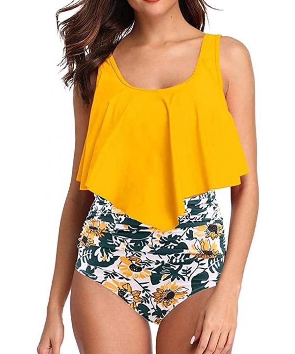 2PC Women Bikini Set High Waist Swimsuit Floral Print Bathinsuit Beach Swimwear - Yellow a - CX19620Q0MU $41.62-Bottoms