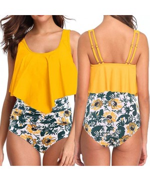 2PC Women Bikini Set High Waist Swimsuit Floral Print Bathinsuit Beach Swimwear - Yellow a - CX19620Q0MU $41.62-Bottoms