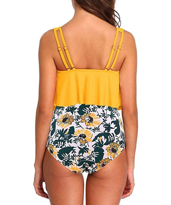 2PC Women Bikini Set High Waist Swimsuit Floral Print Bathinsuit Beach Swimwear - Yellow a - CX19620Q0MU $41.62-Bottoms