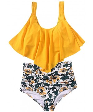 2PC Women Bikini Set High Waist Swimsuit Floral Print Bathinsuit Beach Swimwear - Yellow a - CX19620Q0MU $41.62-Bottoms