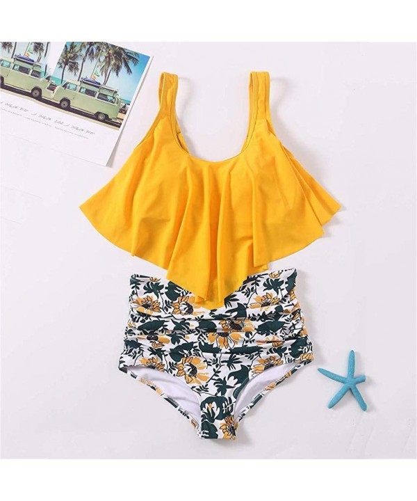 2PC Women Bikini Set High Waist Swimsuit Floral Print Bathinsuit Beach Swimwear - Yellow a - CX19620Q0MU $41.62-Bottoms