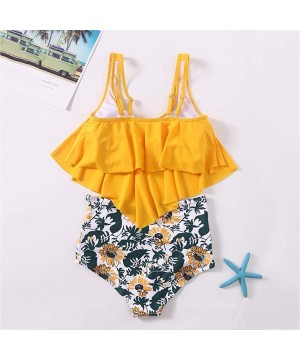 2PC Women Bikini Set High Waist Swimsuit Floral Print Bathinsuit Beach Swimwear - Yellow a - CX19620Q0MU $41.62-Bottoms