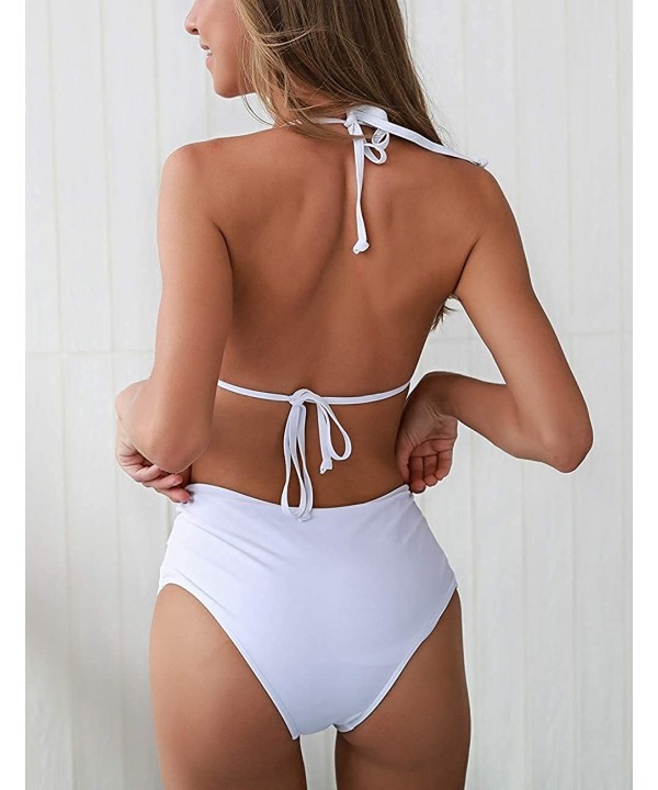 2 Piece Women's Swimsuits Mesh High Waist Halter Straps Bikini Set - White - CX18R3C8NLZ $17.13-Sets