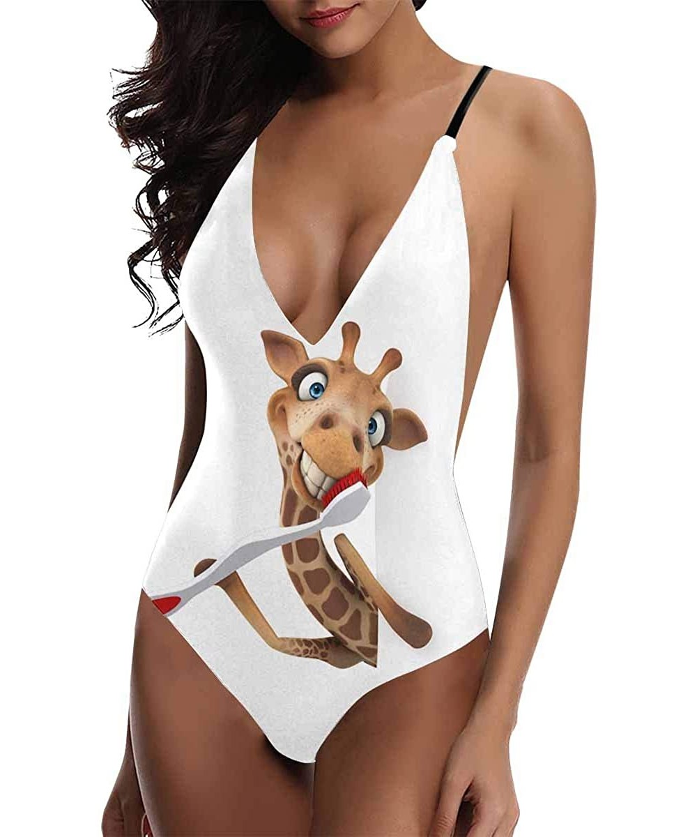 Funny Giraffe Animal V-Neck Women Lacing Backless One-Piece Swimsuit Bathing Suit XS-3XL - Design 1 - CJ18RZWLH6D $29.35-One-...