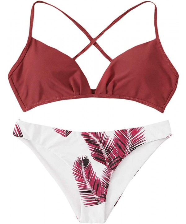 Women's Sexy Bathing Suit Floral Print Cross Back Bikini Set Swimsuits - Burgundy-1 - C0192TWSL2E $13.51-Sets