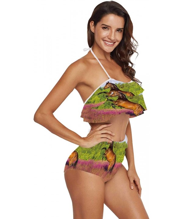 Women Floral Ruffled Bathing Suit Tummy Control Bikini Set Natural raw Marble Texture - Multi 37 - CI190ECYGID $35.02-Sets