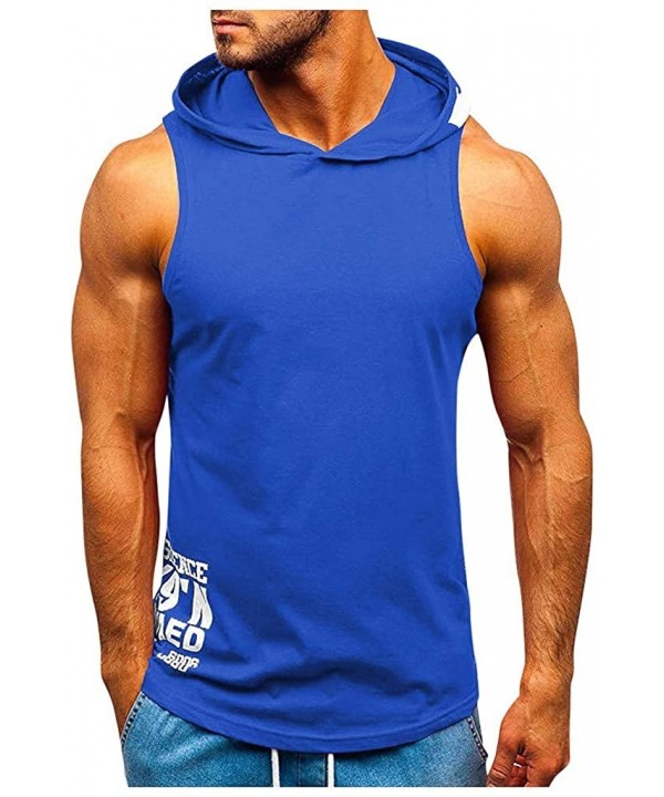 Men Fitness Muscle Print Sleeveless Hooded Bodybuilding Tight-Drying Vest Tops - Blue - CX195M8EIY2 $17.91-Rash Guards