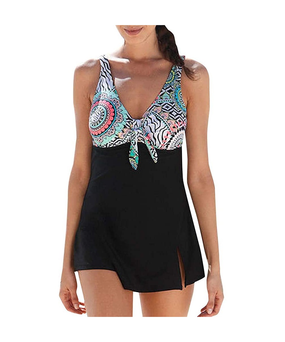 Women's Beach Wear- Plus Size Print Bow Tankini Bikini Swimwear Swimsuit Push-Up Bathing Suit - 5313black - CY18R5C80YI $18.8...