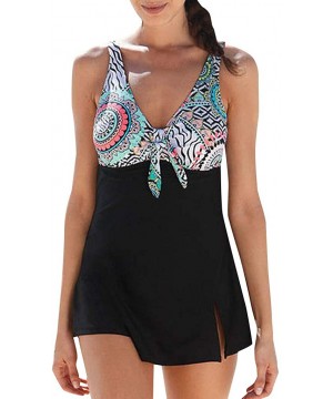 Women's Beach Wear- Plus Size Print Bow Tankini Bikini Swimwear Swimsuit Push-Up Bathing Suit - 5313black - CY18R5C80YI $18.8...