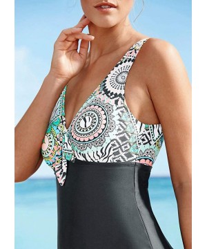 Women's Beach Wear- Plus Size Print Bow Tankini Bikini Swimwear Swimsuit Push-Up Bathing Suit - 5313black - CY18R5C80YI $18.8...