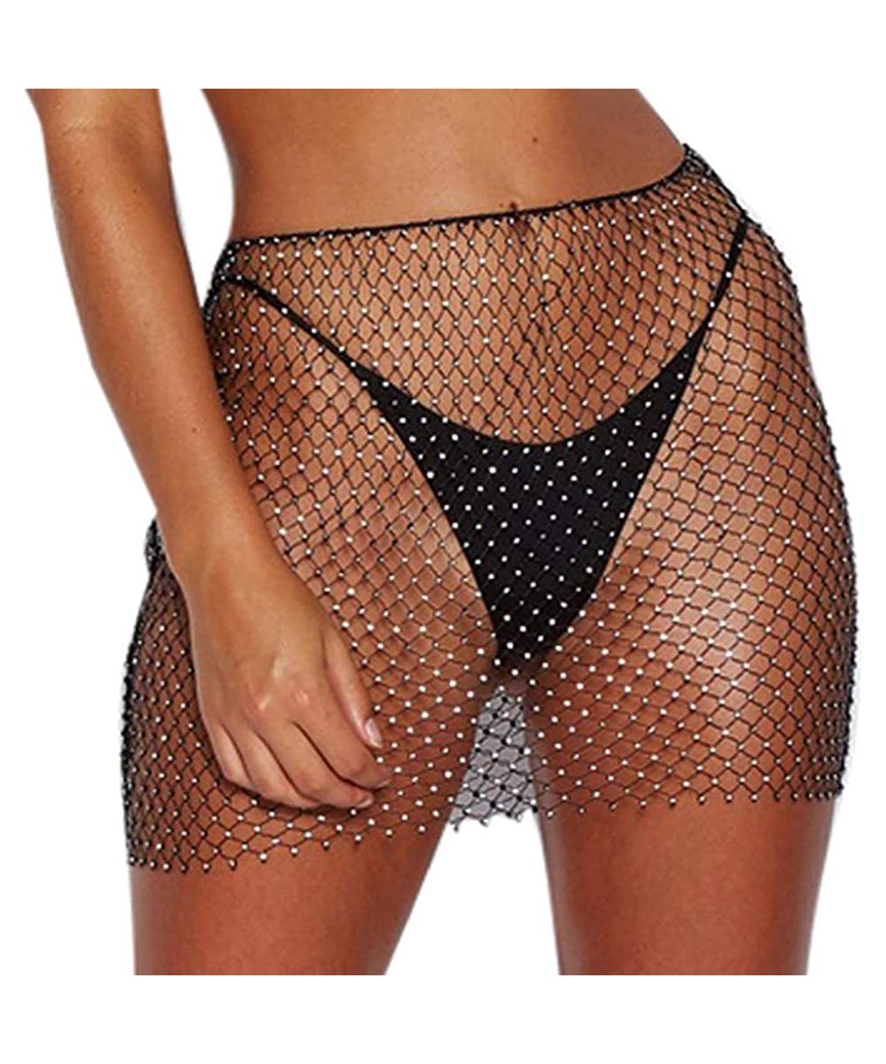 Women's Sexy See Rhrough Rhinestone Fishnet Crop Top Mini Skirts Beach Wrap Cover Ups for Swimwear - Black - CL18RXK53RI $22....