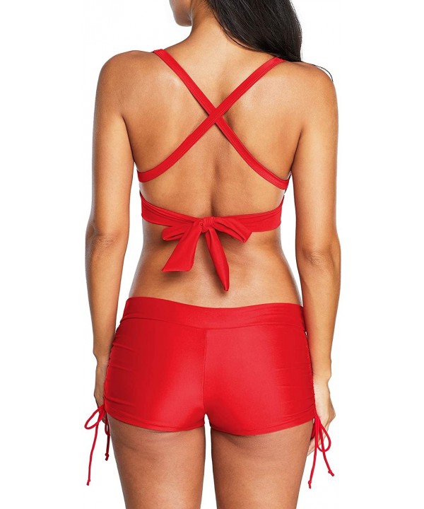 Women Two Piece Swimsuit Deep V Neck Halter Push Up Top with Boyshort Athletic Bathing Suit - Red - CE18XAKGATW $17.59-Racing